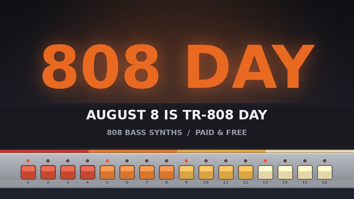 808 DAY — August 8 is TR-808 Day, over a TR-808 style step button panel