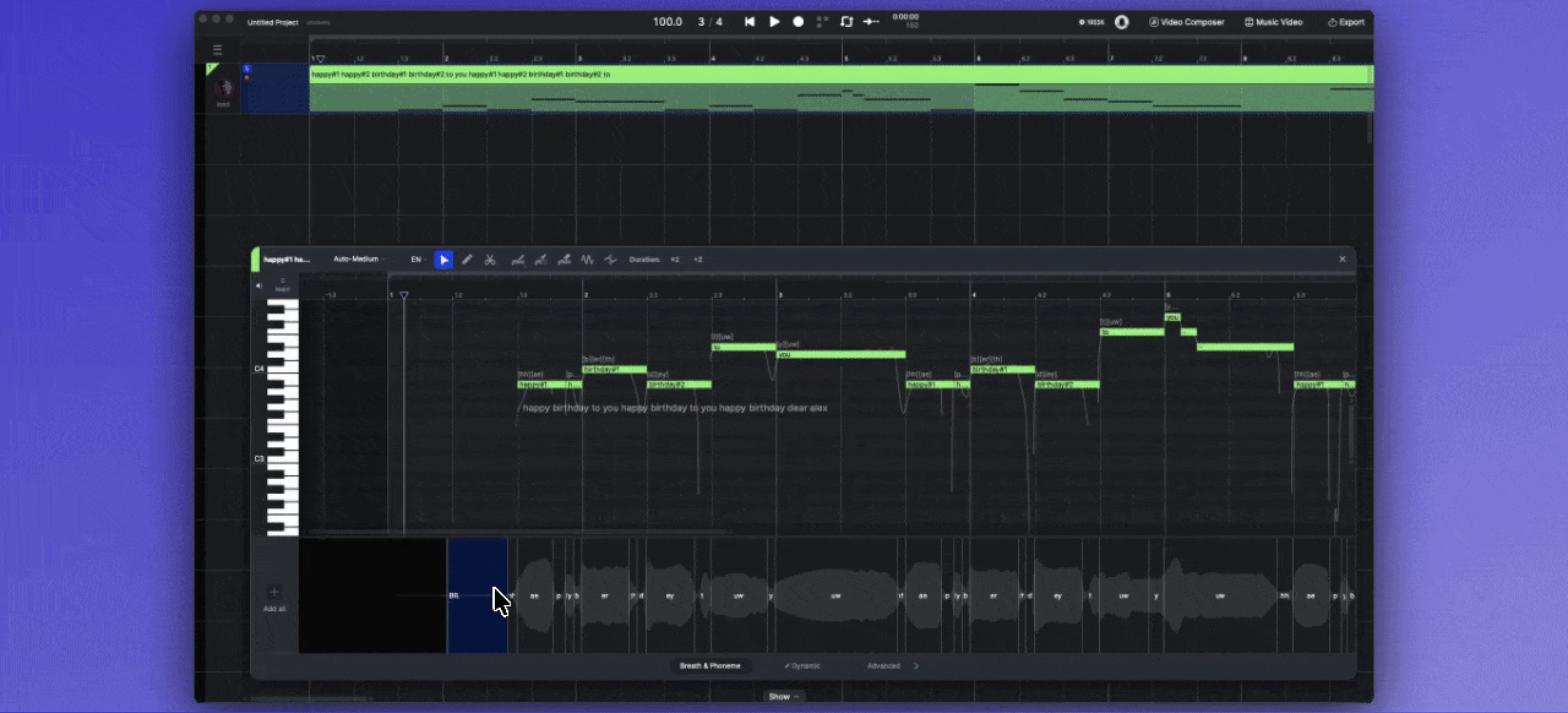 The Breath & Phoneme tab with phoneme boundaries over the waveform