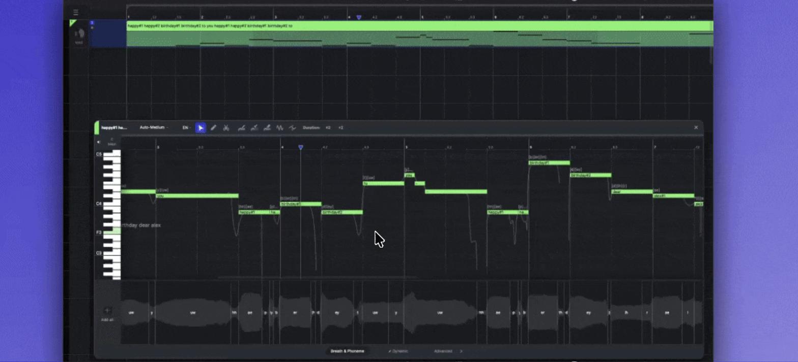 ACE Studio in use: arrangement on top, clip editor with piano roll and phoneme-labelled waveform below