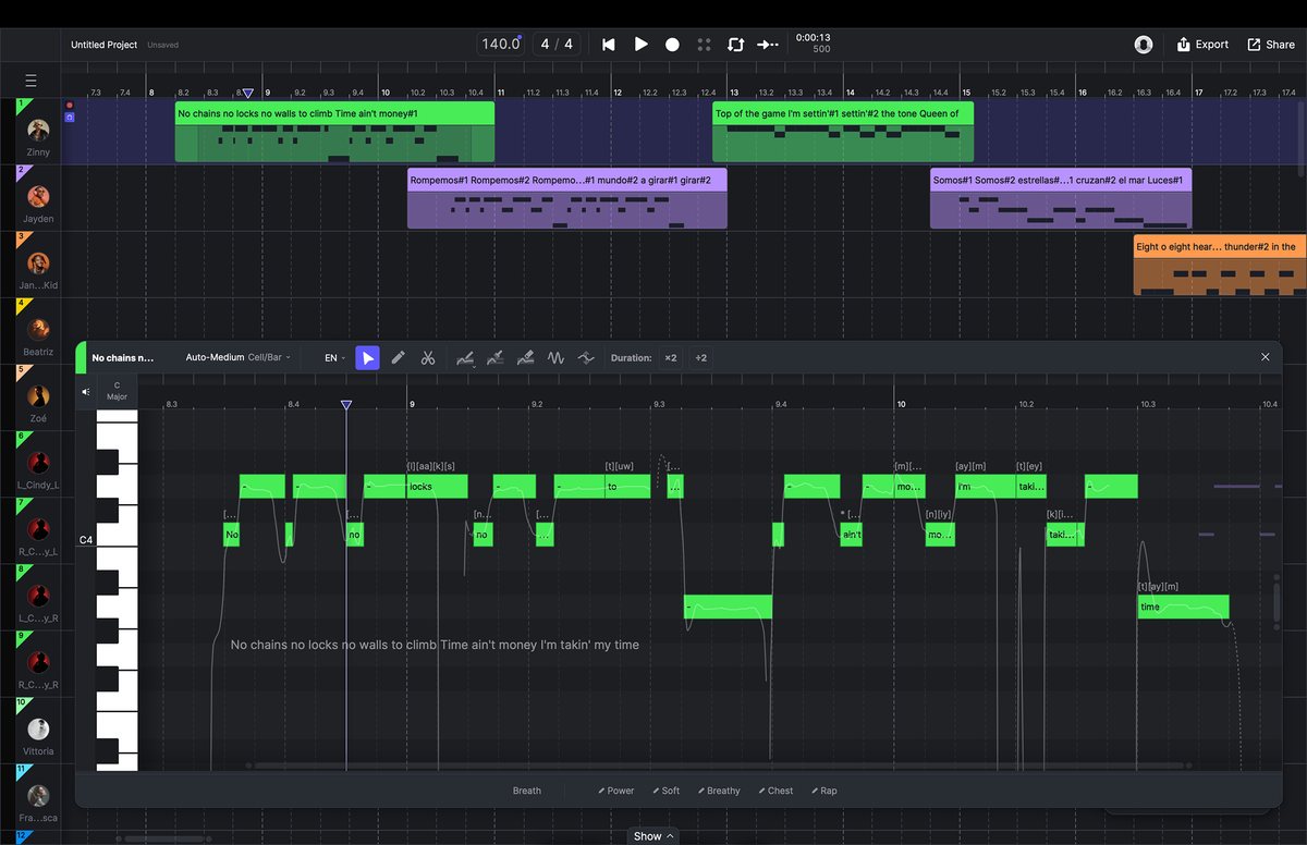 ACE Studioの編集画面。ノートに歌詞を割り当て、ピッチカーブと息遣いを調整しているところ