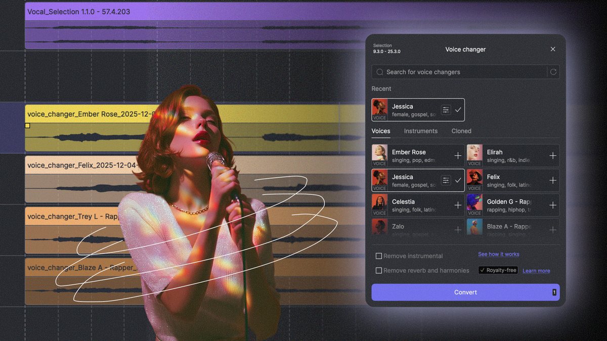 ACE Studioのボイスチェンジャー画面。声のリストから変換先を選ぶところ
